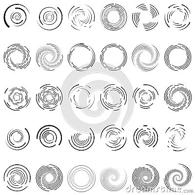 Twirl, spiral, swirl circle set of 30. Random radial, radiating circular lines. Volutes, helix set illustration. Concentric rings Vector Illustration