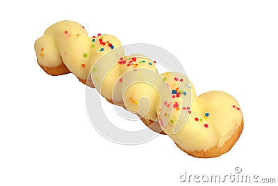 Twist Doughnut with glaze Vanilla white cream and colorful sprinkles Stock Photo
