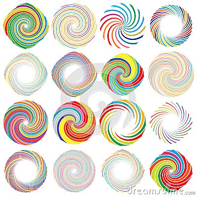 Twist, whirlwind, whirlpool elements. Vortex, volute element set. Circular concentric lines with rotation distortion Vector Illustration