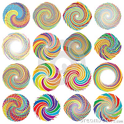 Twist, whirlwind, whirlpool elements. Vortex, volute element set. Circular concentric lines with rotation distortion Vector Illustration