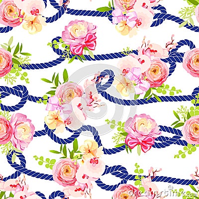 Twisted blue marine rope and bouquets of spring flowers seamless Vector Illustration