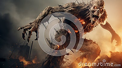 Twisted Branches: A Dark And Intense Demon Creature Running In Invading Fires Stock Photo