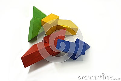 Twisted colorful building blocks made of wood. Educational toy and logical puzzle. Abstract mobile structure. Stock Photo