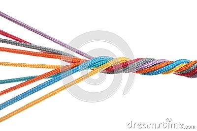 Twisted colorful ropes isolated on white. Unity concept Stock Photo