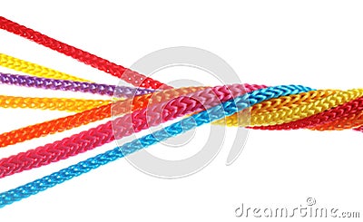 Twisted colorful ropes on white. Unity concept Stock Photo