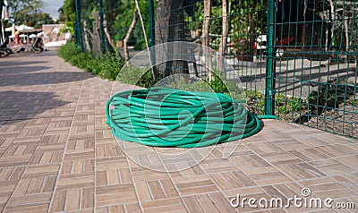 Twisted green rubber hose for watering plants lying on sidewalk Stock Photo