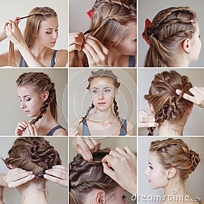 Twisted hairdo tutorial Stock Photo