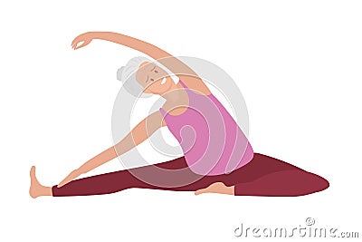 Twisted Head-to-Knee Pose. Senior woman doing yoga. Woman in sportswear doing floor exercises. Elderly women healthy Vector Illustration