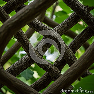 Twisted, interwoven tree branches create a lattice pattern, forming a natural texture. Stock Photo