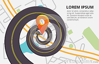 Twisted Road on a background map of the city top view. Vector illustration with orange pin, navigation. Can used for web Vector Illustration