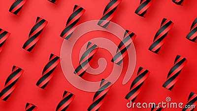 Twisted and striped shapes, red background. Abstract illustration, 3d rendering. Cartoon Illustration