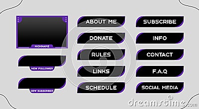 Twitch set of modern black-purple gaming panels and overlays for live streamers. Design alerts and buttons. 16:9 and 4:3 screen re Stock Photo