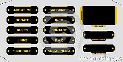 Twitch set of modern black-yellow gaming panels and overlays for live streamers. Design alerts and buttons for streaming. 16:9 and Stock Photo