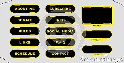 Twitch set of modern round yello-black gaming panels and overlays for live stream. Design alerts and buttons for streaming. 16:9 a Stock Photo