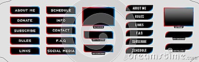 Twitch two sets of modern red-blue gaming panels and overlays for live stream. Design alerts and buttons. 16:9 and 4:3 screen reso Stock Photo