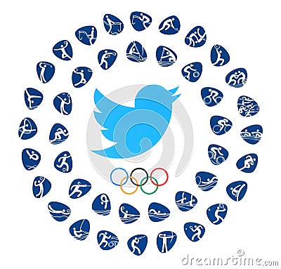 Twitter bird logo with Olympic Games Rings and kinds of sport Editorial Stock Photo