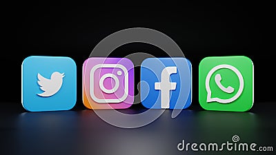 Twitter, Instagram, Facebook, Whatsapp 3D logo with dark background Editorial Stock Photo