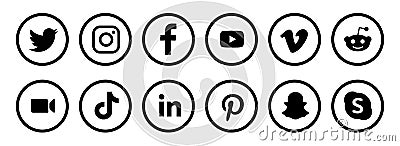Twitter, Instagram, Facebook, Youtube, Vimeo, Reddit, Zoom, Tiktok, Linkedin, Pinterest, Snapchat, Skype social media icon set. Vector Illustration