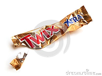 Twix Xtra chocolate bar empty crumpled wrapper isolated on white Editorial Stock Photo