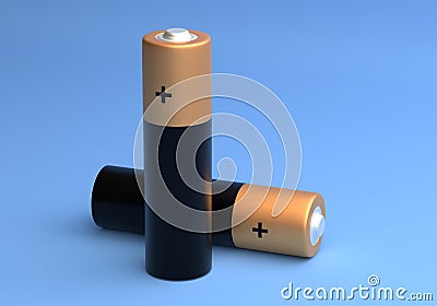 Two AA size batteries isolated on blue background close up, carbon zinc batteries, rechargeable batteries, mockup. 3D rendering Cartoon Illustration