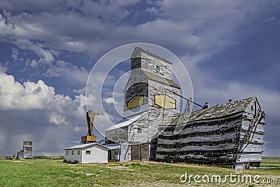 Two abandoned grain elevators in ghost town of Horizon, Saskatchewan, Canada Editorial Stock Photo