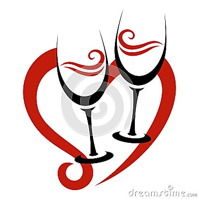 Two Abstract Glasses of Red Wine & Heart Vector Illustration