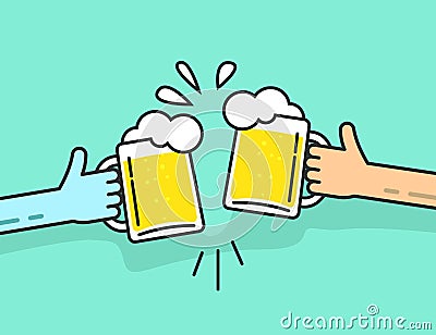 Two abstract hands holding beer glasses with foam clinking Vector Illustration