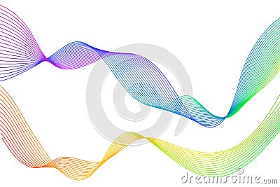 Two abstract waves made up from thin curved lines in bright trendy colours on white Vector Illustration