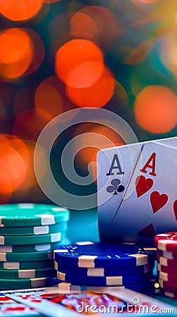 two aces, one of clubs and one of hearts, with a stack of colorful poker chips in the background, all set against a Stock Photo