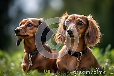 two adorable baby Dachshunds sitting on green grass Stock Photo
