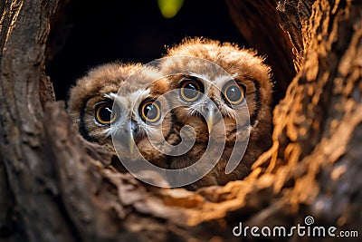 Two adorable baby owls peering from tree nest, with available space Stock Photo