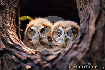 Two adorable baby owls peering from tree nest, with available space Stock Photo