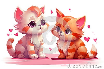 Two Adorable Cartoon Kittens Sharing Affectionate Moment in Heart-Filled Illustration Cartoon Illustration