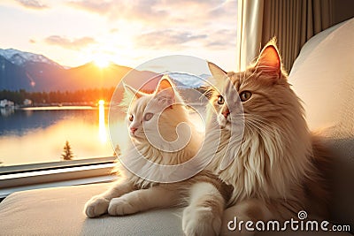 Two adorable cats relaxing near window with beautiful view, pet friendly hotel and resort business concept. Generative AI Stock Photo