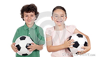 Two adorable children with soccer balls Stock Photo