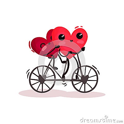 Two adorable humanized red hearts riding tandem bike. Romantic couple. Valentines day theme. Flat vector design Vector Illustration