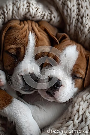 Two adorable puppies snuggling closely in a cozy knit blanket. a display of innocent canine affection and comfort Stock Photo