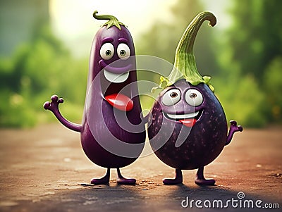 two adorable smiling eggplant cartoon character on blurred background Stock Photo