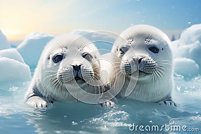 two adorable white baby harp seals Stock Photo