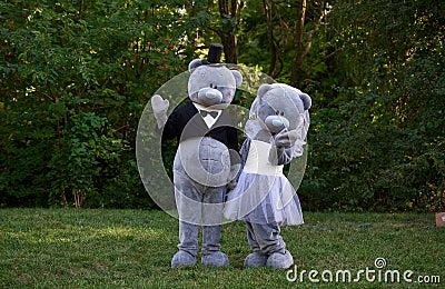 Two adults wearing teddy bear costumes outdoors Stock Photo