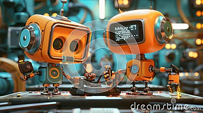 Two advanced robots with expressive digital faces engaged in a task inside a sophisticated, futuristic workshop setting Cartoon Illustration