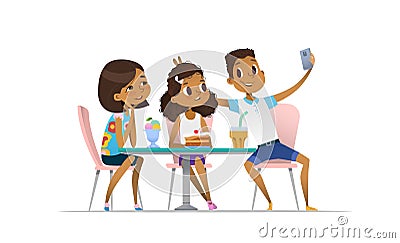 Two African-American girls and boy meeting at the cafe a and taking selfie. Teenagers friends at the restaurant taking Vector Illustration