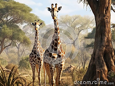 Two African giraffes Cartoon Illustration