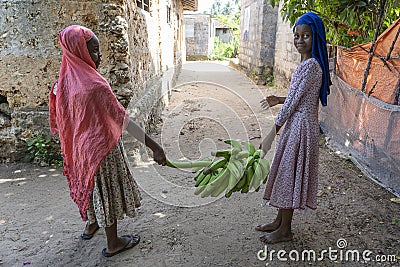 Two african young girls carry a bunch of green bananas on the street of Zanzibar island, Tanzania, East Africa Editorial Stock Photo