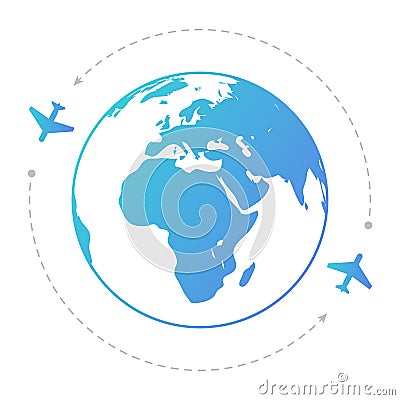 Two aircraft around the globe. Contour illustration. Vector Illustration