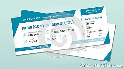 Two airline tickets. Airplane boarding ticket with passenger name, airlines flight invitation and airplanes pass vector Vector Illustration