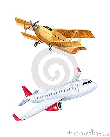 Two airplanes isolated on white background Cartoon Illustration