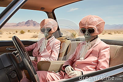 Two aliens driving a convertible in the desert Stock Photo