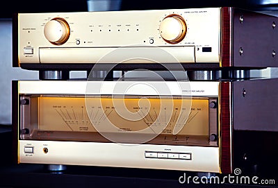 Two Amplifier Vintage Audio Stereo System Luxury High End Stock Photo