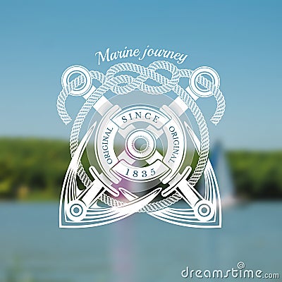 Two Anchors Cross With Rope. Marine Label On Blurred Photo Background Vector Illustration